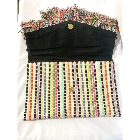 STELLA & DOT Taj Clutch Boho Fringe Striped Purse 13” X 8” Rag Rug Style - Picture 6 of 10